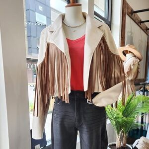 Saints & Hearts Chic Cream and Tan Fringe Leather Jacket